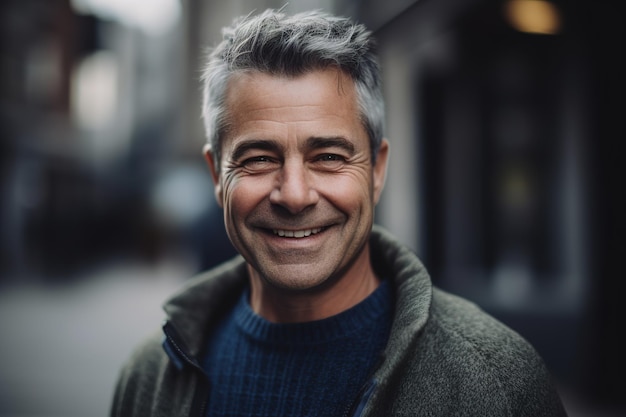 Un homme aux cheveux gris et un chandail vert sourit à la caméra.