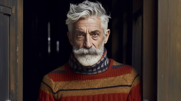 Un homme aux cheveux gris et un pull rayé