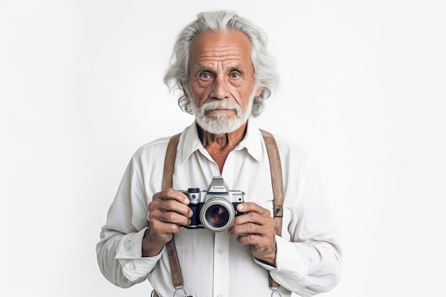 L'homme aux cheveux gris tenant un appareil photo