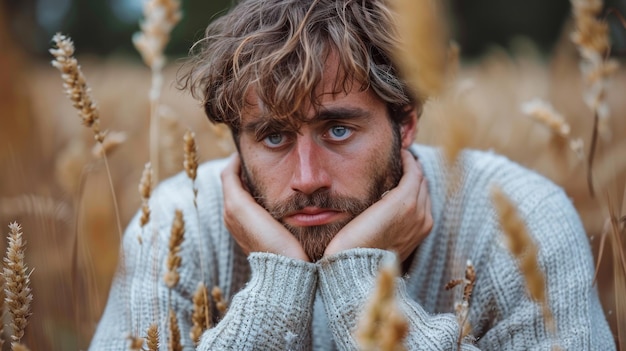 Un homme aux cheveux longs et à la barbe assis parmi l'herbe haute dans un champ