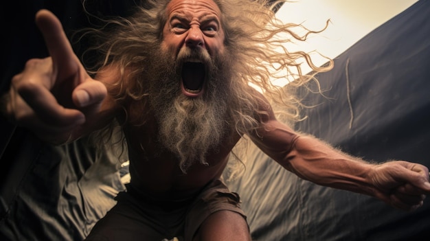 Un homme aux cheveux longs et à la barbe faisant un signe de paix ai