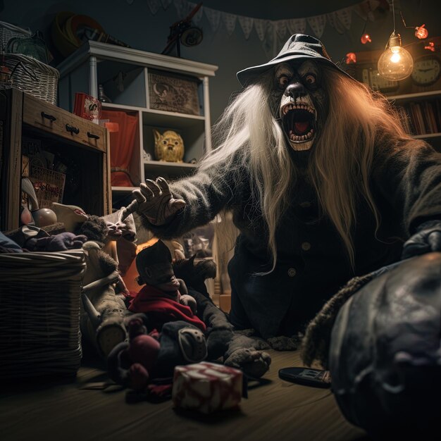 un homme aux cheveux longs et un chapeau joue à un jeu avec un enfant