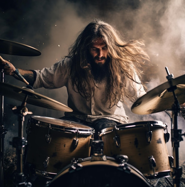 un homme aux cheveux longs joue de la batterie.