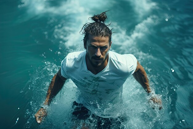 Un homme aux cheveux longs qui se déplace dans l'eau.