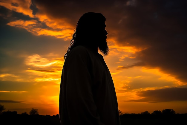 Un homme aux cheveux longs se tient devant un coucher de soleil avec le soleil se couchant derrière lui.