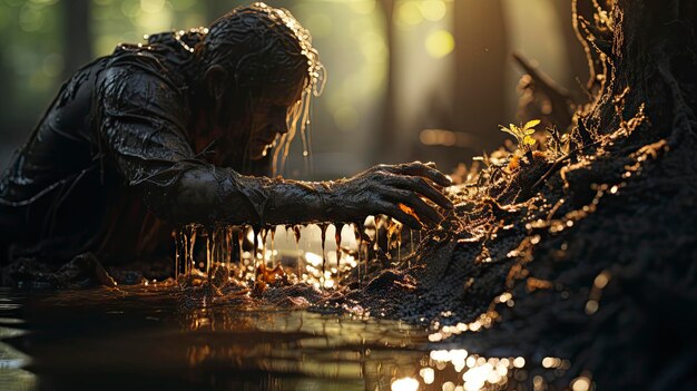 un homme aux cheveux mouillés se lave les mains dans une flaque d'eau avec des arbres en arrière-plan.