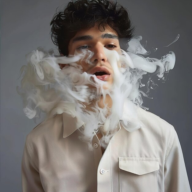 Photo un homme aux cheveux noirs et une chemise blanche avec les mots fumée dessus