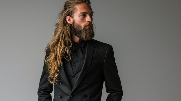 homme aux cheveux noirs longs en costume noir et chemise noire debout sur un fond gris