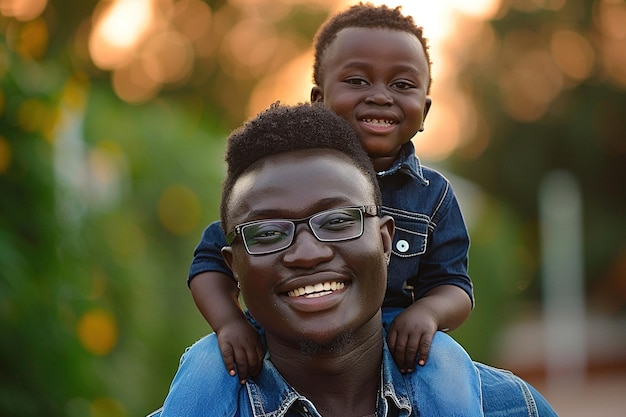 Un homme aux cheveux noirs porte son fils sur ses épaules. Tous deux sourient.