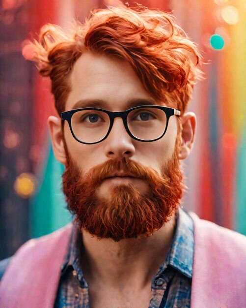 un homme aux cheveux roux et aux lunettes porte un pull