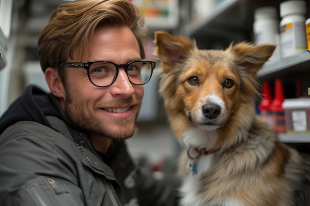 L'homme aux lunettes et le chien au magasin