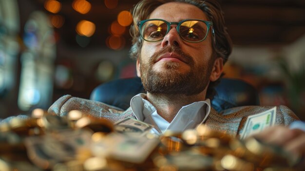 Photo l'homme aux lunettes regardant une pile de pièces d'or