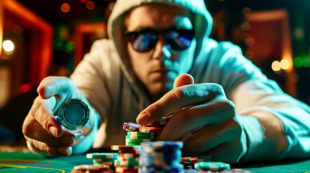 Un homme aux lunettes de soleil joue au poker