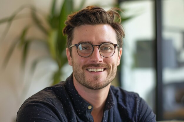 Un homme aux lunettes sourit joyeusement à la caméra.