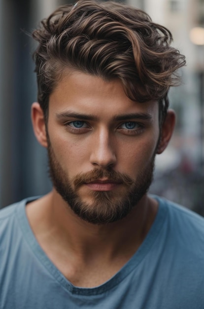 Un homme aux yeux bleus et à la barbe.