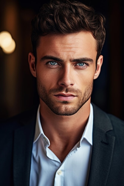 Un homme aux yeux bleus et une chemise blanche