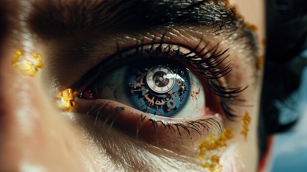 un homme aux yeux bleus et le mot monde sur son œil