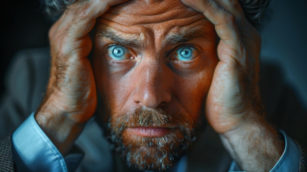 L'homme aux yeux bleus tenant la main à la tête de l'IA générative