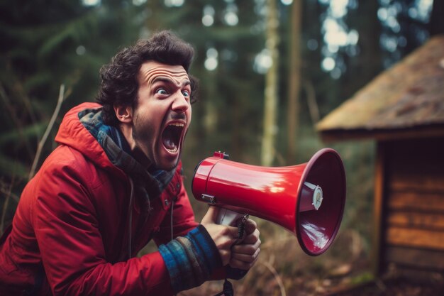 Un homme aux yeux fous crie dans un haut-parleur rouge dans une forêt éloignée mais personne ne l'entend