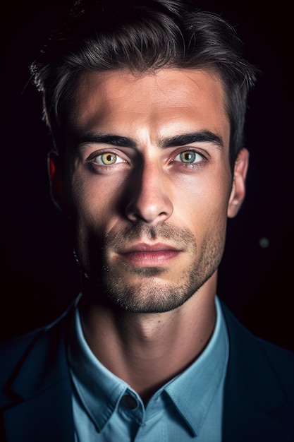 Un homme aux yeux verts et à la chemise bleue