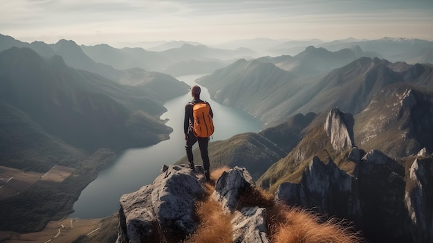 Un homme d'aventure ou un randonneur debout au bord de la falaise dans un sommet de haute montagne regardant la crête de la montagne