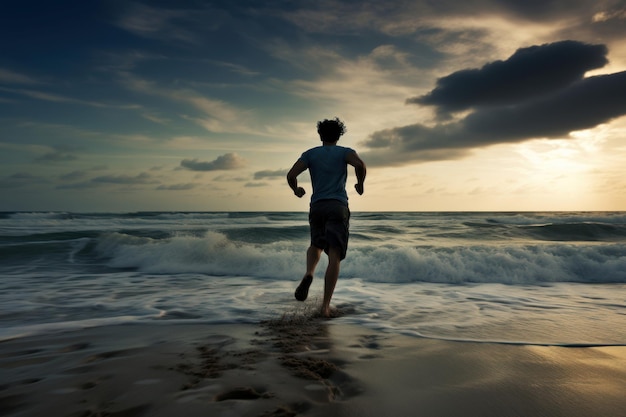 L'homme aventureux court sur la plage, la mer, le ciel, génère Ai.