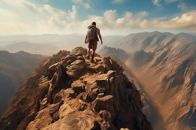 Homme aventureux portant un sac à dos marchant au sommet d'une falaise à Bright Day
