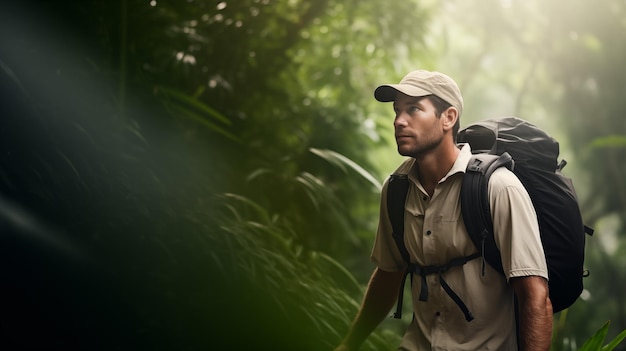 Un homme aventureux en randonnée à travers la jungle dense avec un sac à dos