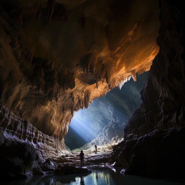 Homme aventureux randonneur debout dans une grotte avec des montagnes rocheuses lumières dorées générative ai