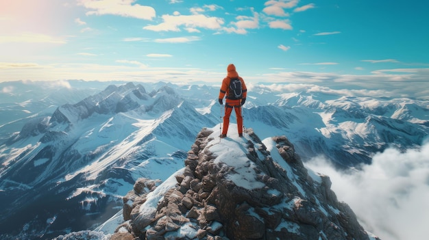 Un homme aventureux se tient au sommet d'un sommet glacé avec des montagnes rocheuses en arrière-plan.
