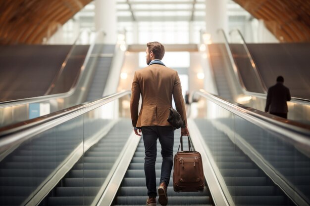 Homme bagages escaliers mécaniques d'escalier Terminal voyage Générer de l'intelligence artificielle