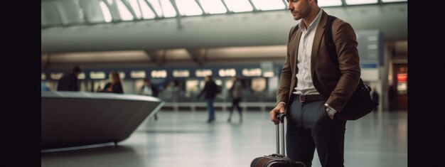 Un homme avec des bagages se tient dans le bâtiment de l'aéroport en attente de son avion