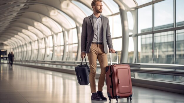 Un homme avec des bagages se tient dans le bâtiment de l'aéroport en attente de son avion