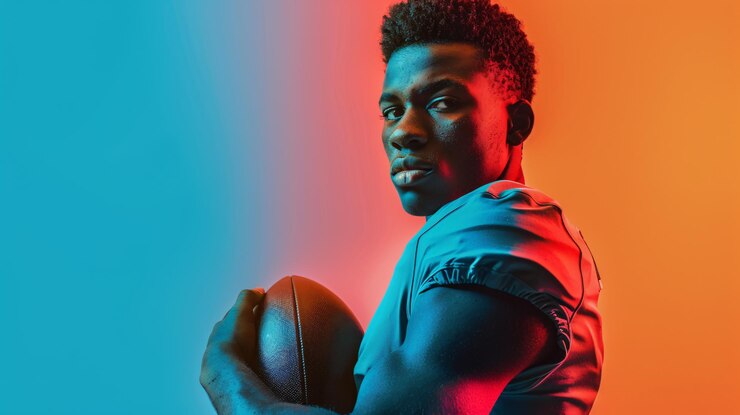 Photo un homme avec une balle dans la main et les mots football sur le dos
