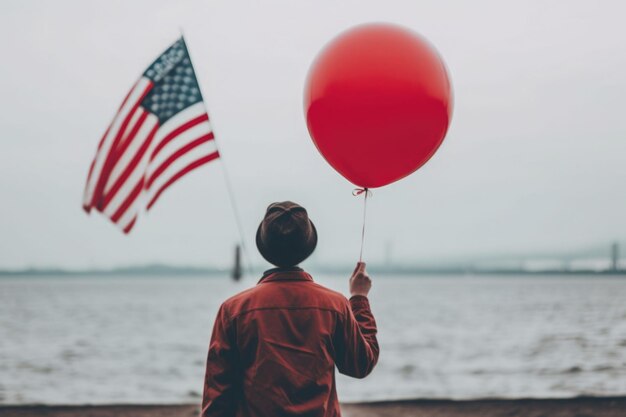 Un homme avec un ballon et un drapeau américain se dresse sur le fond de l'océan Generative AI