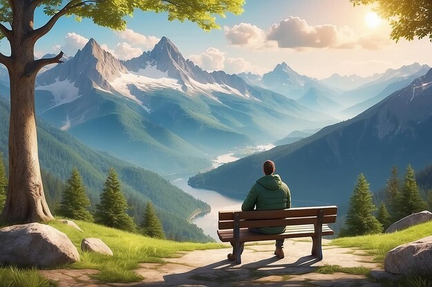 Un homme sur un banc profitant d'une vue panoramique sur le paysage de montagne.
