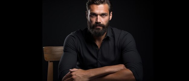 un homme avec une barbe assis sur une chaise