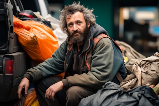 Un homme à barbe assis sur le sol à côté d'une pile de bagages