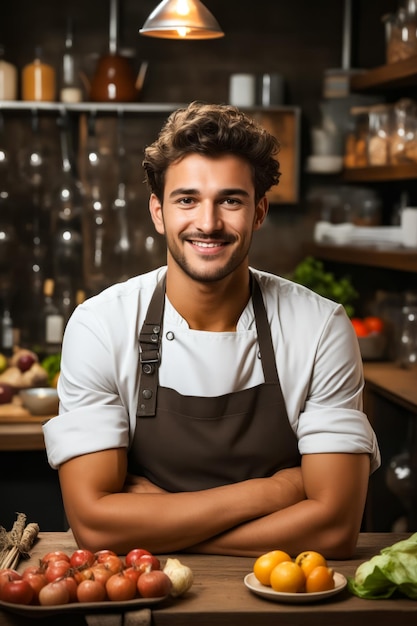 Un homme à la barbe et au tablier se tient dans la cuisine.