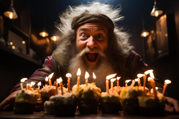 Un homme à la barbe et aux cheveux longs est devant un gâteau avec des bougies IA générative