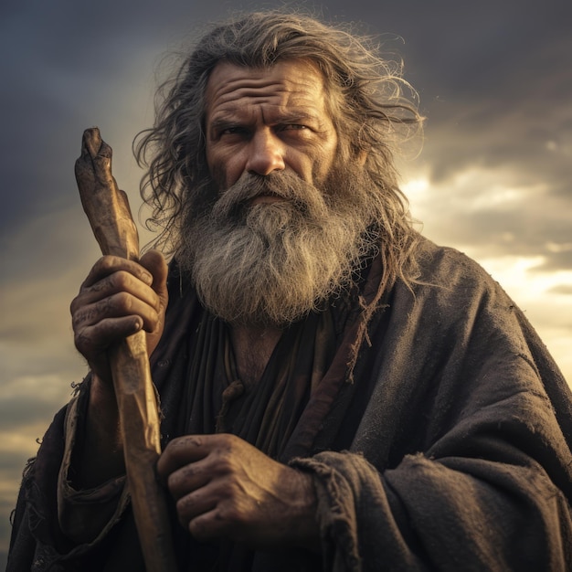 un homme à la barbe et aux cheveux longs tenant un bâton