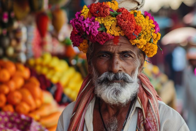 L'homme à la barbe et aux fleurs sur la tête