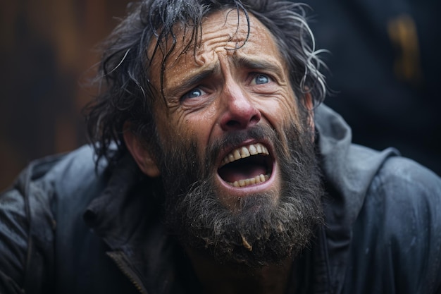 un homme avec une barbe et une barbe crie