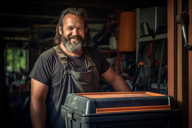 un homme avec une barbe et une barbe debout dans un garage