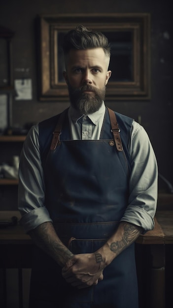 Un homme avec une barbe et une barbe est assis dans une pièce sombre avec une grande photo encadrée d'un homme génératif un