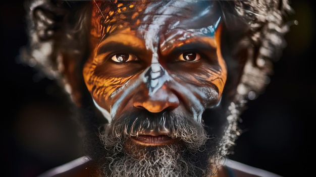 un homme avec une barbe et une barbe est peint sur son visage.