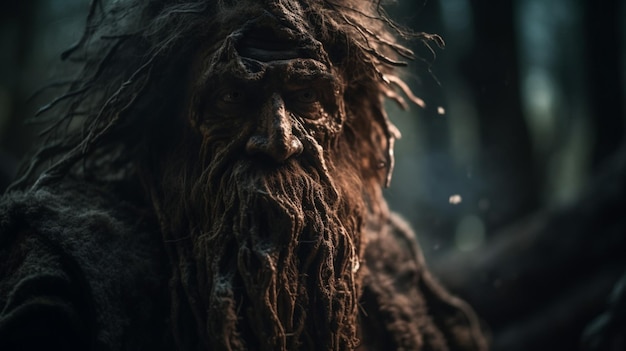 Un homme avec une barbe et une barbe se tient devant un fond sombre.