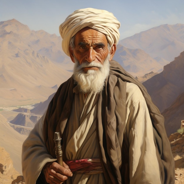 Photo un homme avec une barbe blanche et une barbe blanc se tient devant une montagne