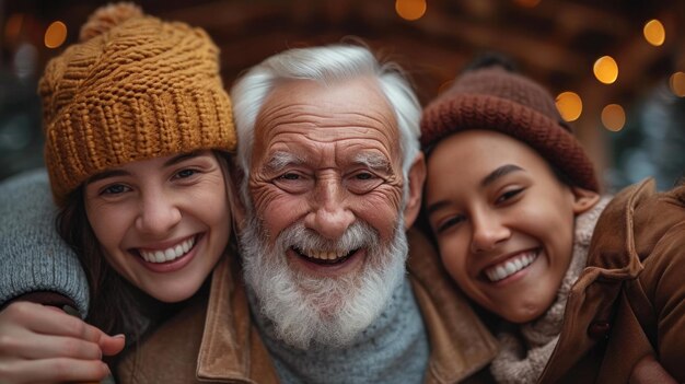 Un homme avec une barbe blanche et deux femmes souriantes ai