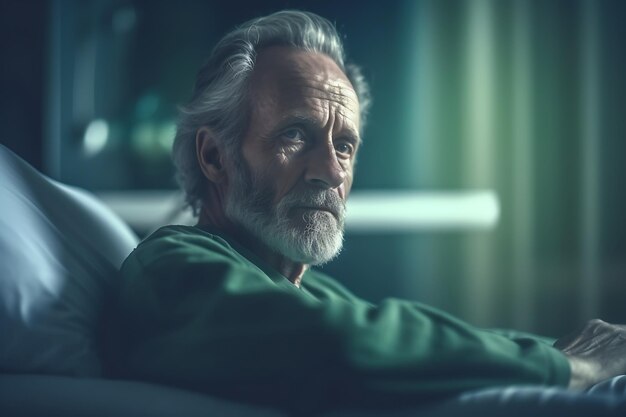 Un homme avec une barbe blanche est assis sur une chaise dans une pièce sombre